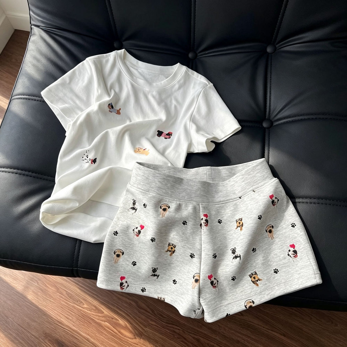 Dachshund Dog White Tee Set Size XL | Short Sleeve Plus Size Pajama Set | Christmas Roomy Comfort Gift | Loose Fit Casual Homewear Outfit