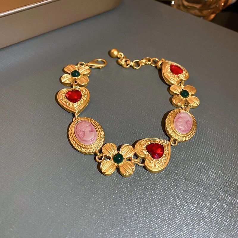 Gold Bracelet | Christmas Dainty Vintage Gift | Rhinestone Flower Heart Retro Bracelet Luxury Daily Jewelry