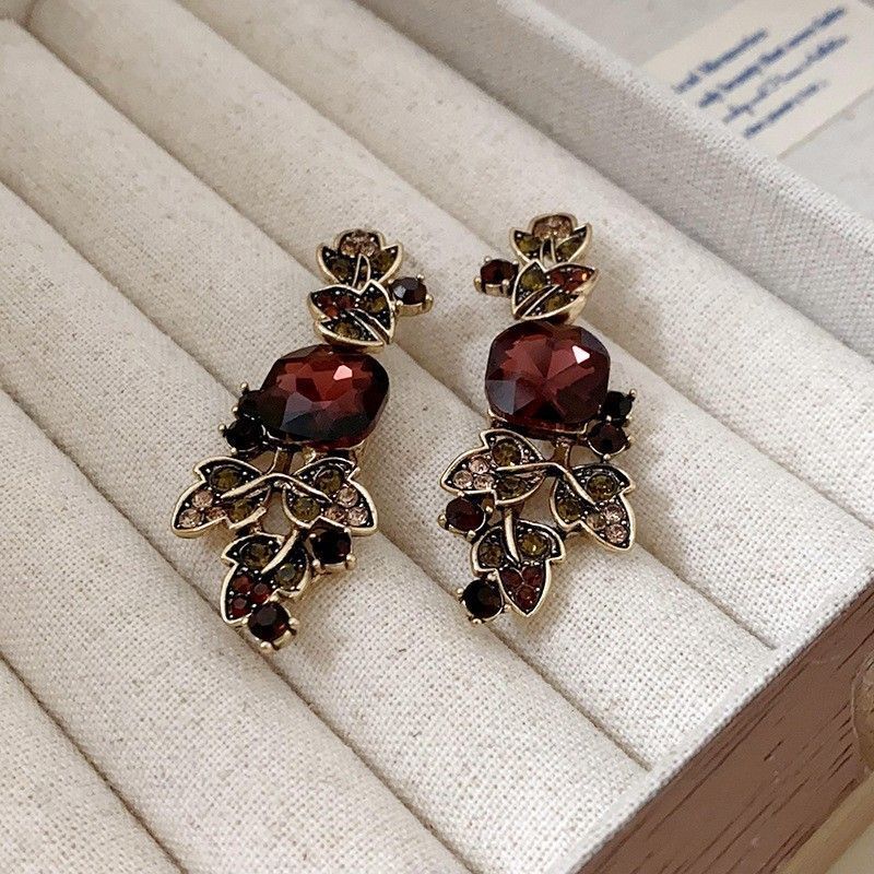 Gold Silver Needle Earrings with Red Stone | Christmas Passion Retro Gift | Red Rhinestone Heart Earrings Vintage Bold Jewelry