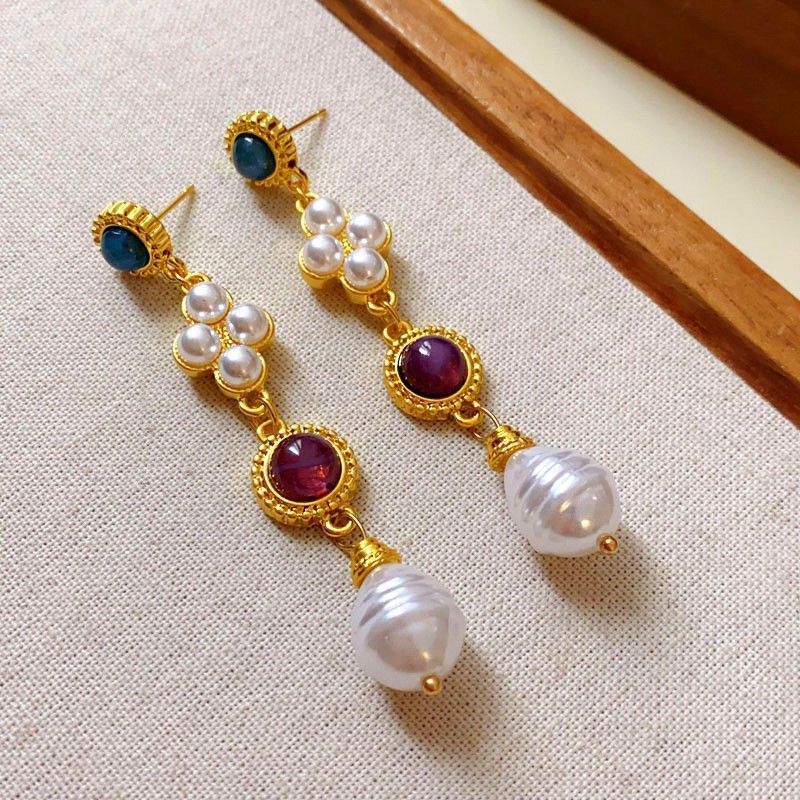 Gold Silver Needle Earrings with White & Blue Stones | Christmas Icy Vintage Gift | White-Blue Rhinestone Heart Earrings Fresh Retro