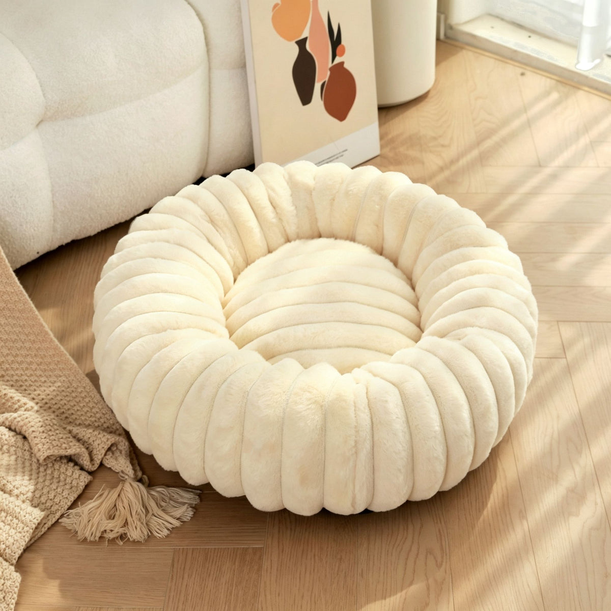 High‑Grade Rabbit Fleece Cream Yellow 50cm Round Pet Bed | Christmas Cute Pet Gift | High‑Density Long Plush Cat Nest Puppy Sleeping Cushion