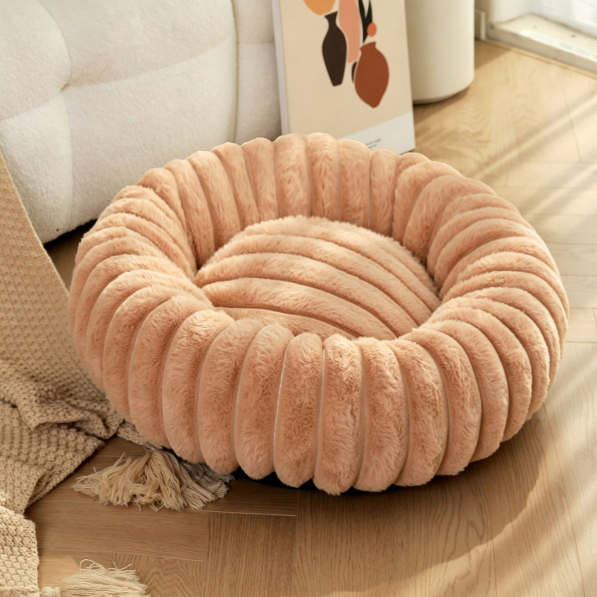 High‑Grade Rabbit Fleece Khaki 70cm Round Pet Bed | Christmas Simple Rest Gift | High‑Density Long Plush Round Cat Dog Nest Cushion