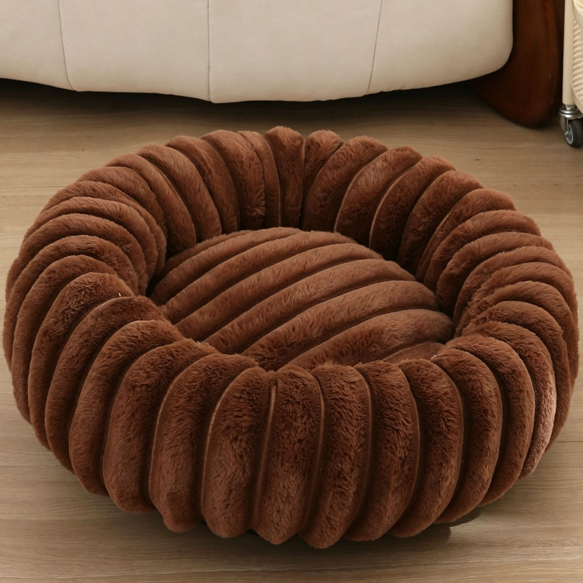 High‑Grade Rabbit Fleece Coffee 50cm Round Pet Bed | Christmas Classic Pet Gift | High‑Density Long Plush Cat Nest Puppy Sleeping Cushion