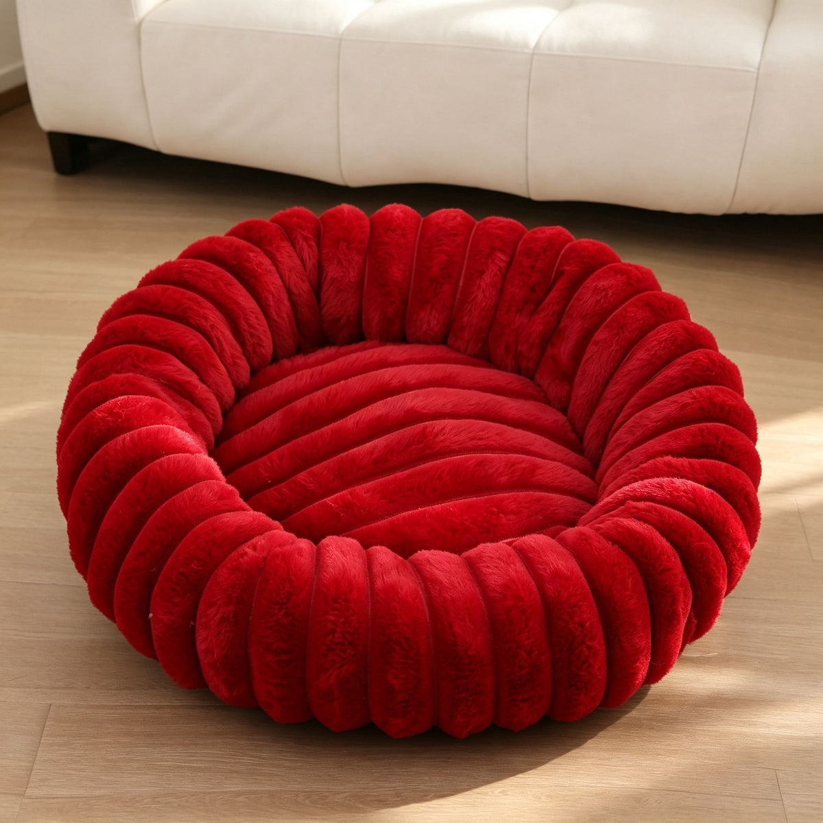 High‑Grade Rabbit Fleece Noble Red 40cm Round Pet Bed | Halloween Mini Festive Gift | High‑Density Long Plush Bed for Kitten Puppy