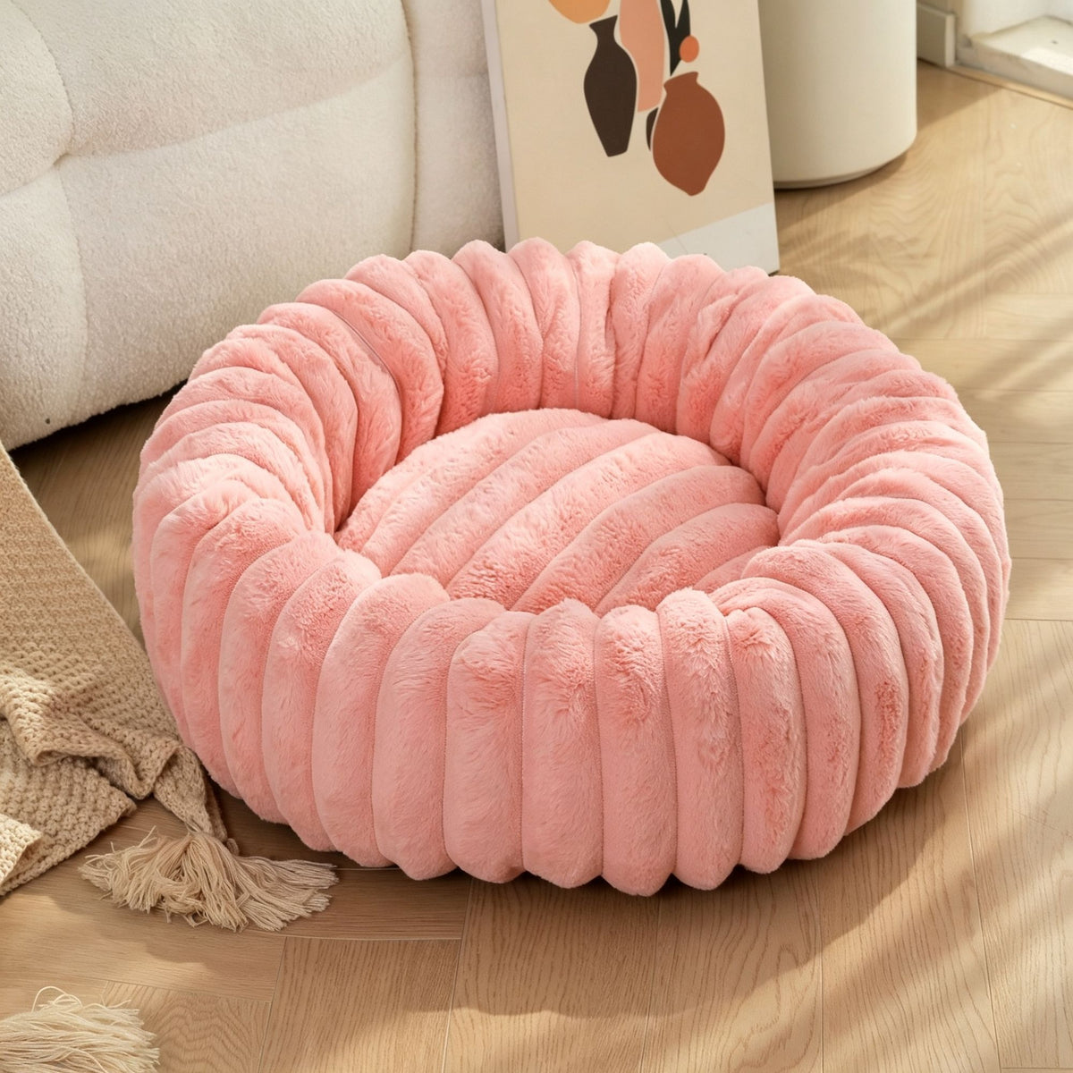 High‑Grade Rabbit Fleece Pink 70cm Round Pet Bed | Christmas Gentle Rest Gift | High‑Density Long Plush Round Cat Dog Nest Cushion