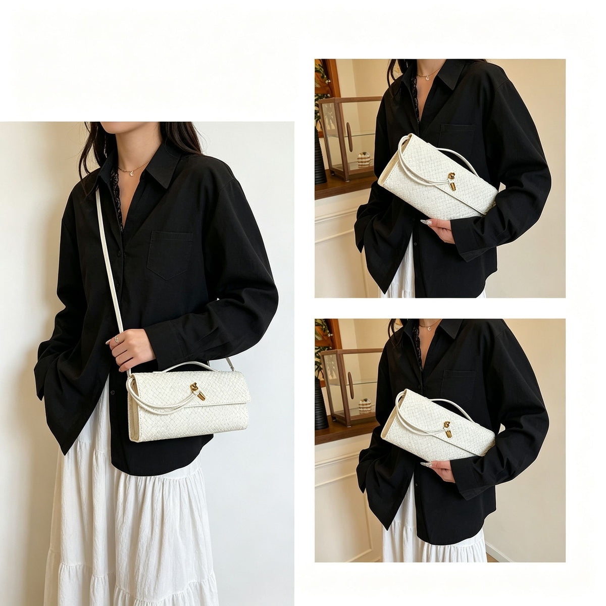 Woven Women Bag French Stick Bag Evening Organ Bag, Fashion Clutch Shoulder Crossbody Bag, Christmas Party Gift, White
