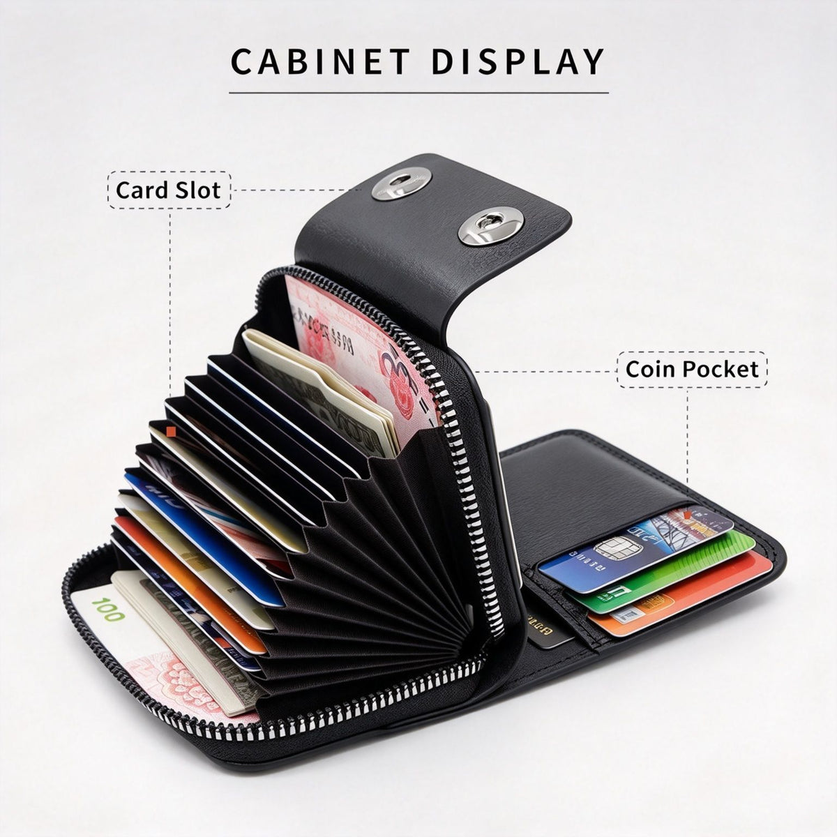Business Men Accordion Card Holder With Double Magnetic Buckle, Minimalist Retro ID Card Wallet Coin Pocket, Christmas Office Worker Gift, K94‑51 Black