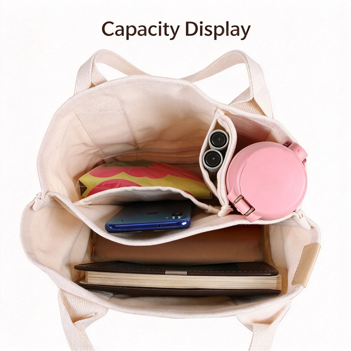 16Oz Canvas Hand‑Carried Lunch Bag White / Brown, Portable Women Canvas Handbag, Holiday Work Picnic Reusable Carry Pouch
