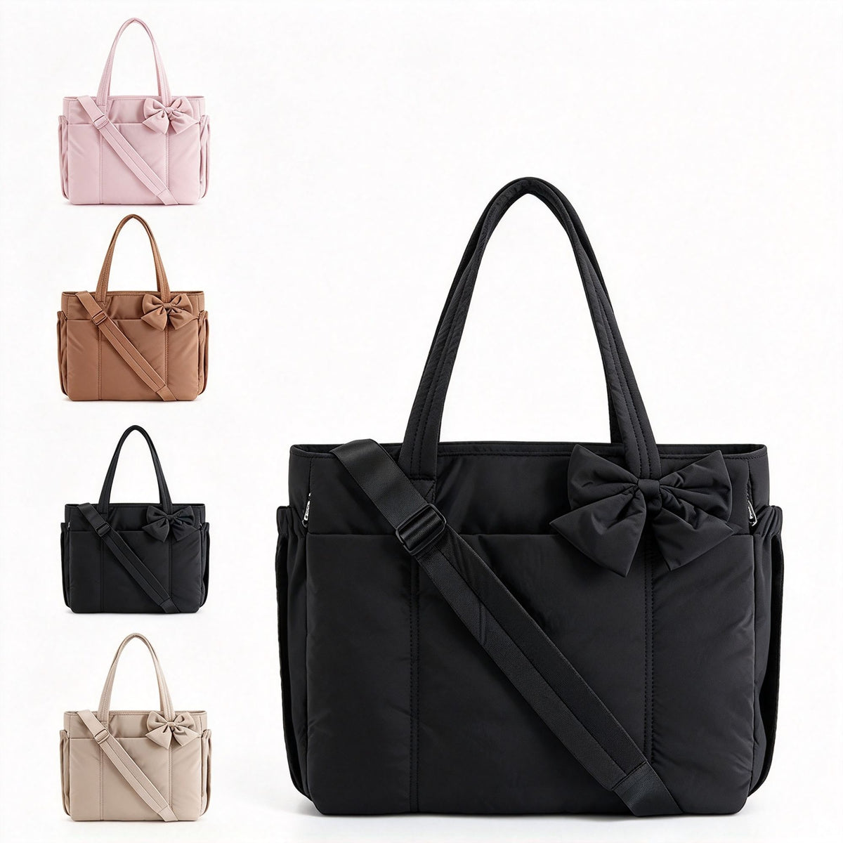 Women Large‑Capacity Bow Decor Tote Crossbody Bag Black 40x30x8CM, Casual Single‑Shoulder Travel Handbag, Christmas Outdoor Commute Shopping Carry‑All Purse