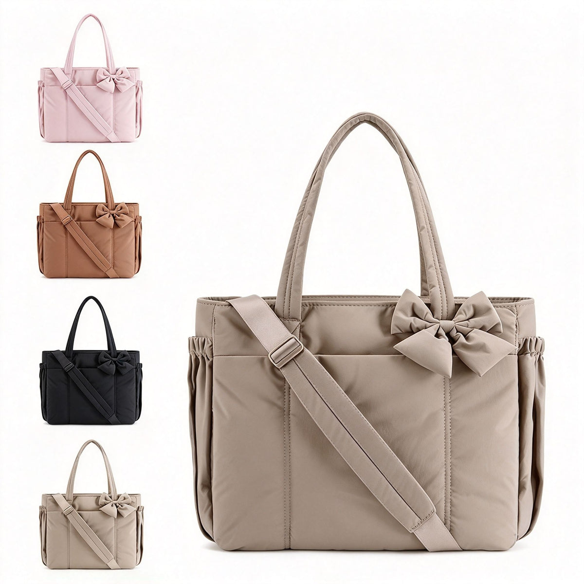 Ladies Bow Decoration Large‑Volume Shoulder Tote Bag Camel 40x30x8CM, Casual Outdoor Travel Crossbody Handbag, Halloween Daily Vacation Storage Purse