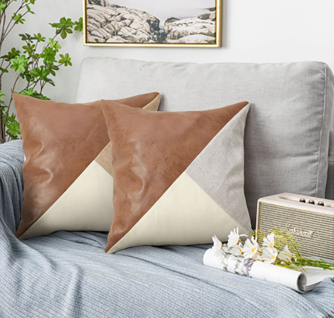 Linen Grey Mixed Leather Splicing Pillow Covers 4Pcs 45x45cm Sofa Car Cushion Shell Halloween Christmas Home Decor Accessory