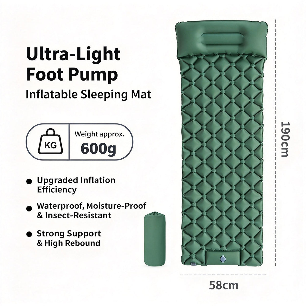 Inflatable Air Mattress Single 190x60x5cm Green Lightweight Portable Camping Air Bed for Outdoor Travel Home Lunch Rest Halloween Christmas Camping Gear