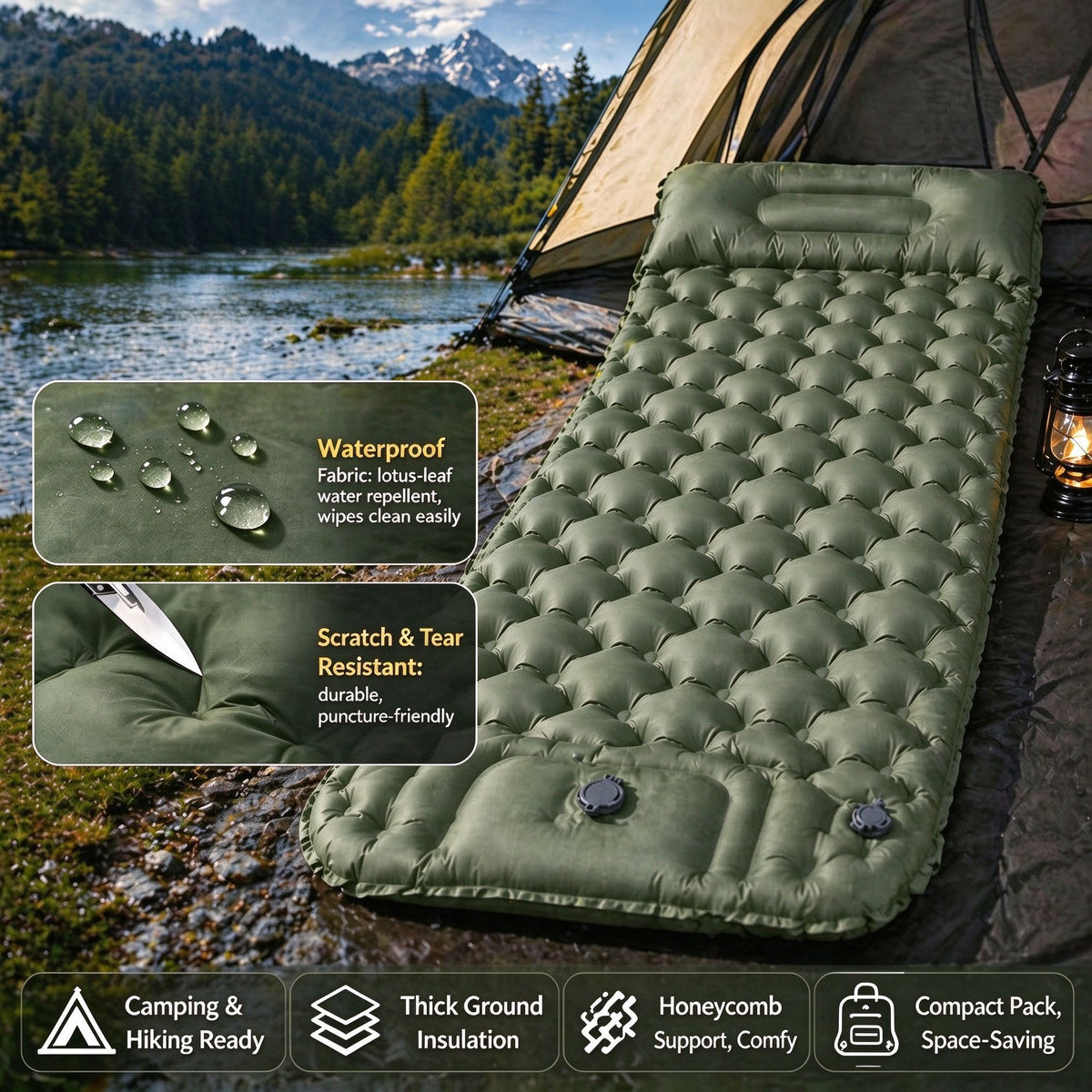 Grey Single Inflatable Air Mattress 190x60x5cm Portable Air Bed for Camping Travel Office Lunch Rest Halloween Holiday Camping Accessory