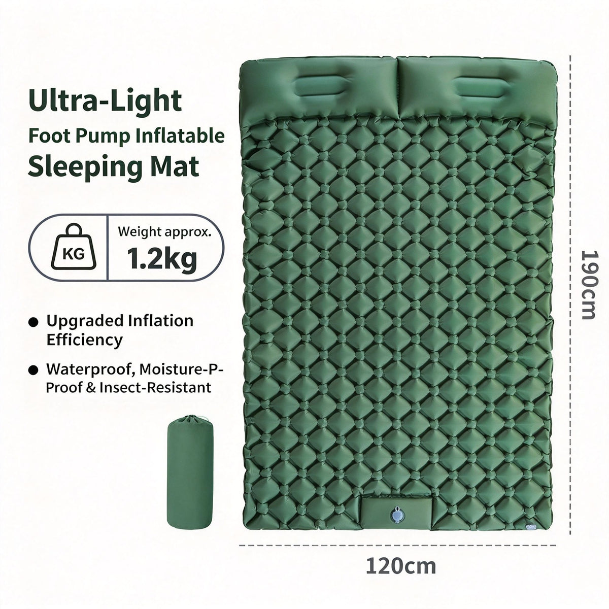 Army Green Double Inflatable Camping Mattress 190x120x5cm Lightweight Air Bed for Outdoor Adventure Home Use Halloween Camping Supply