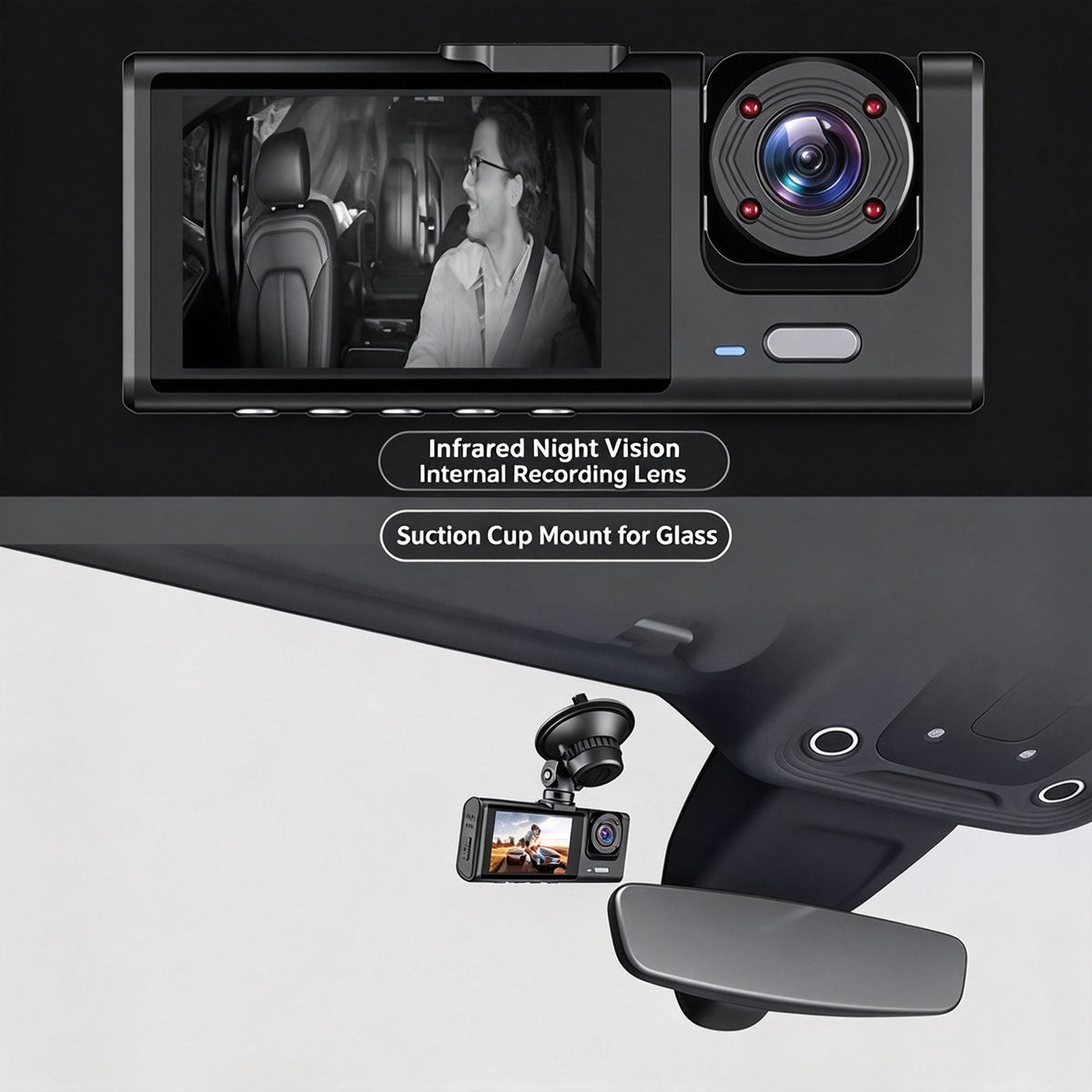 2‑Inch Screen WiFi Triple‑Channel Car Driving Recorder Front Inside Rear Lens 32G Memory Card HD Night Vision Parking Monitoring Mobile Sync, Must‑Have Auto Safety Device, Halloween Christmas Gift Option