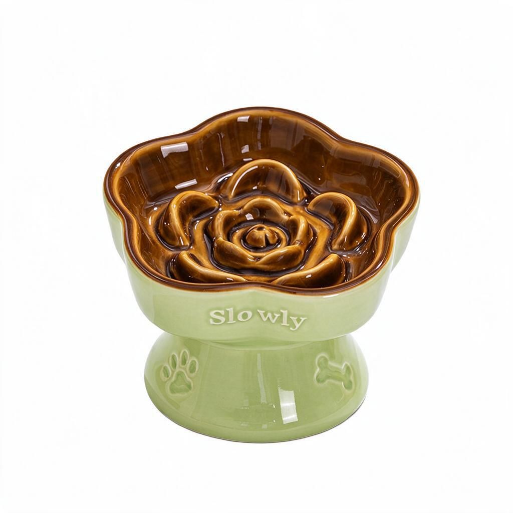 Rose Maze Ceramic Slow Feeder Pet Bowl Emerald Green Caramel 150ml Raised Anti-Black Chin for Cats Small Dogs Halloween