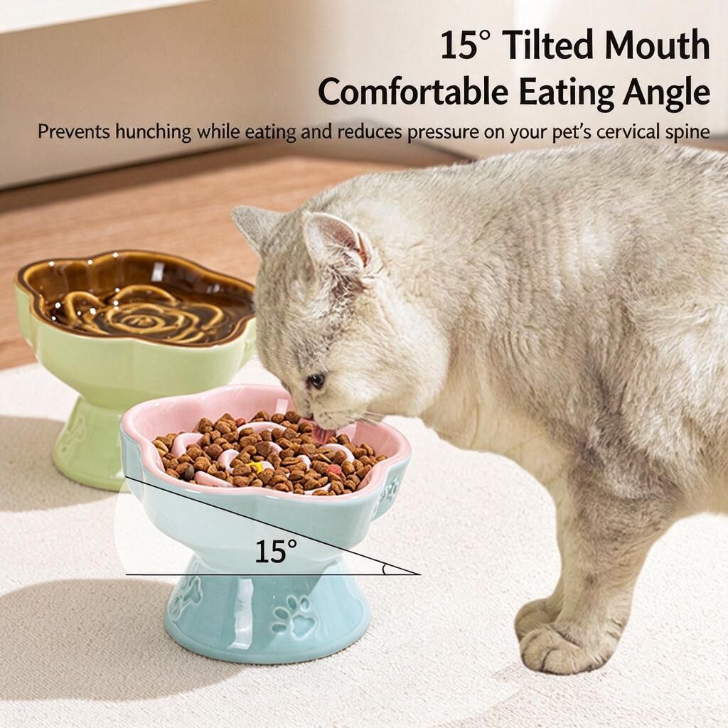 Rose Maze Ceramic Slow Feeder Pet Bowl Emerald Green Caramel 150ml Raised Anti-Black Chin for Cats Small Dogs Halloween