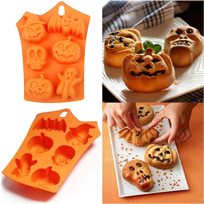Halloween Silicone Cake Mould Ice Cube Tray 6 Cavity Pumpkin Bat Skull Baking Mold Orange 1pc DIY Party Decor