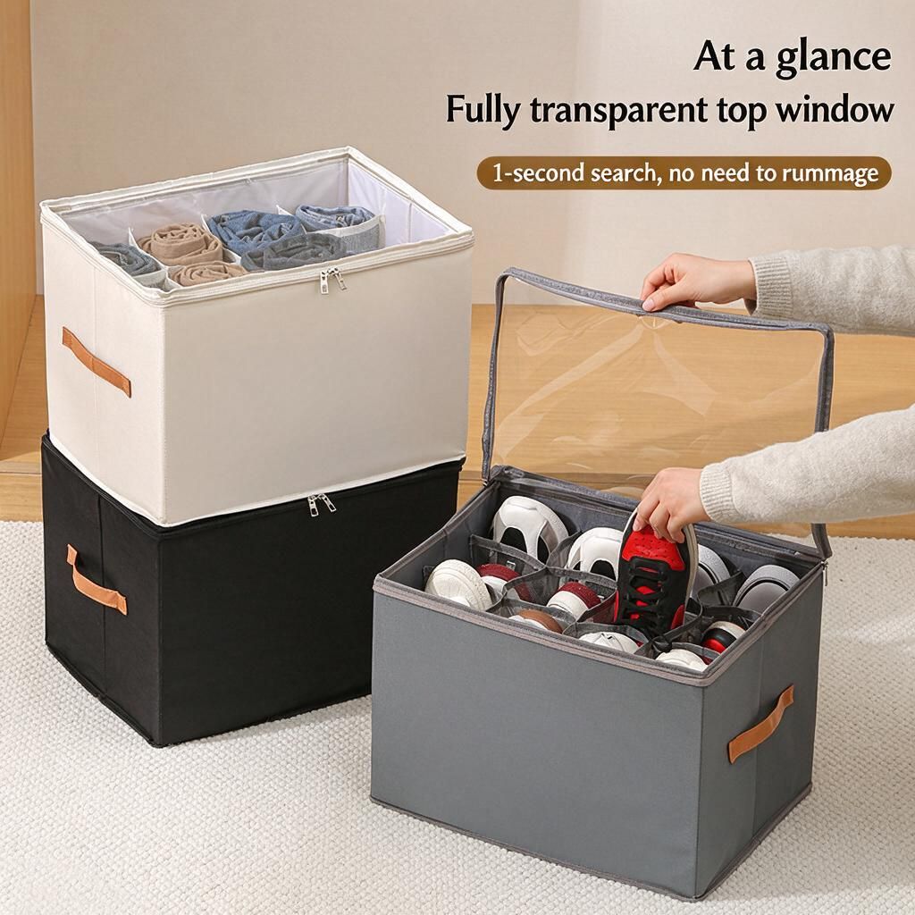 Beige 16-Slot Fabric Shoe Cabinet 43x43x32cm See-Through Zip Cover Portable Handles Pockets Anti-Dust Closet Organiser 1pc