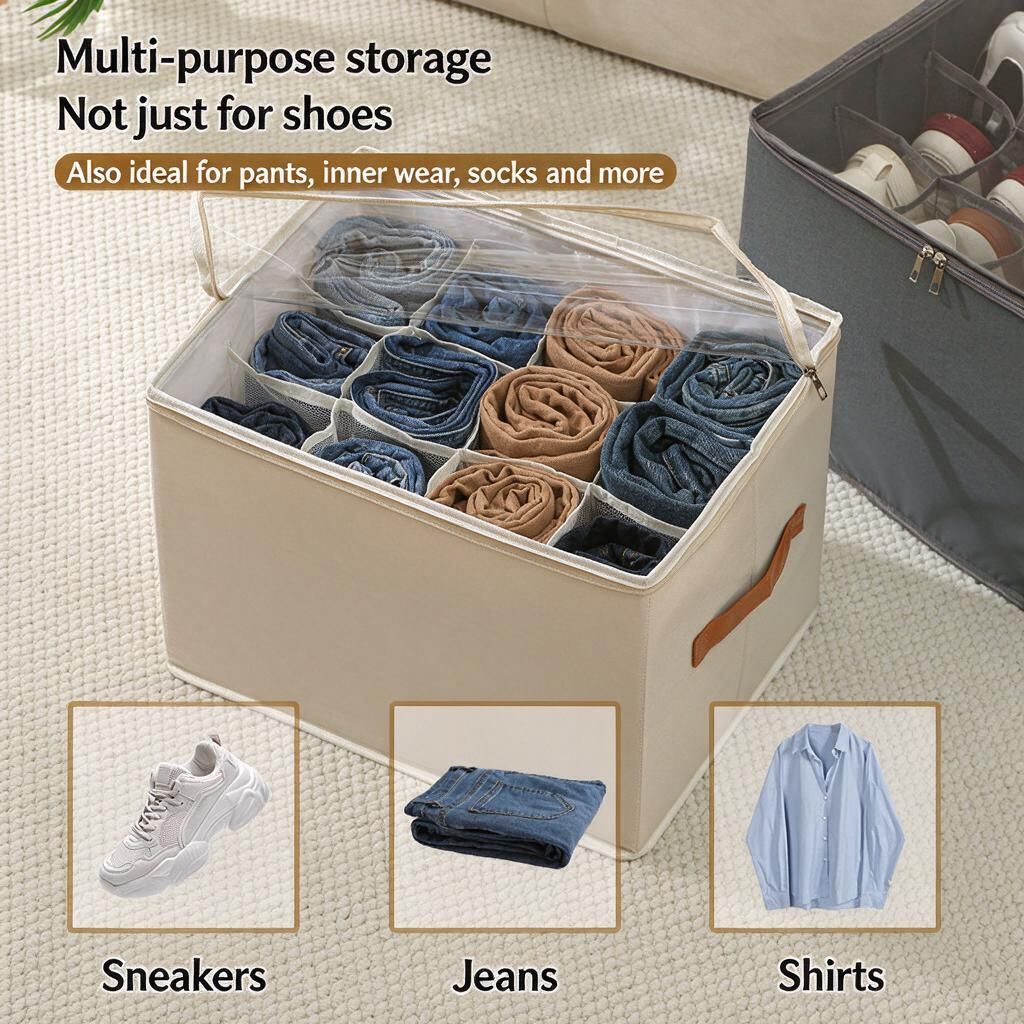 Beige 16-Slot Fabric Shoe Cabinet 43x43x32cm See-Through Zip Cover Portable Handles Pockets Anti-Dust Closet Organiser 1pc