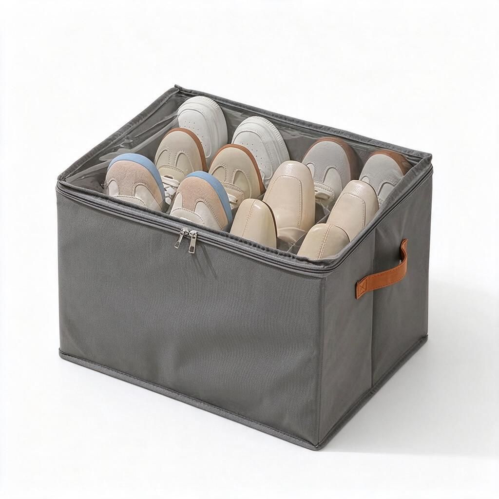 Dust-Free Closet Shoe Caddy Grey 43x32x30cm 8 Cell Non-Woven Fabric with Zipped See-Through Top Washable Home Storage 1pc