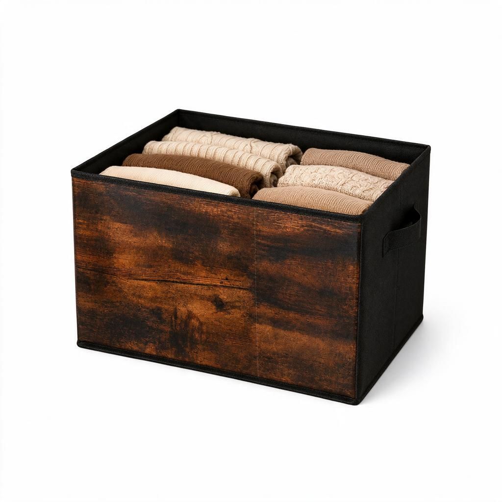 Wood Grain Fabric Closet Storage Basket 38x25x25cm Foldable Blanket & Clothes Cube with Side Handles 1pc Bedroom Tidy