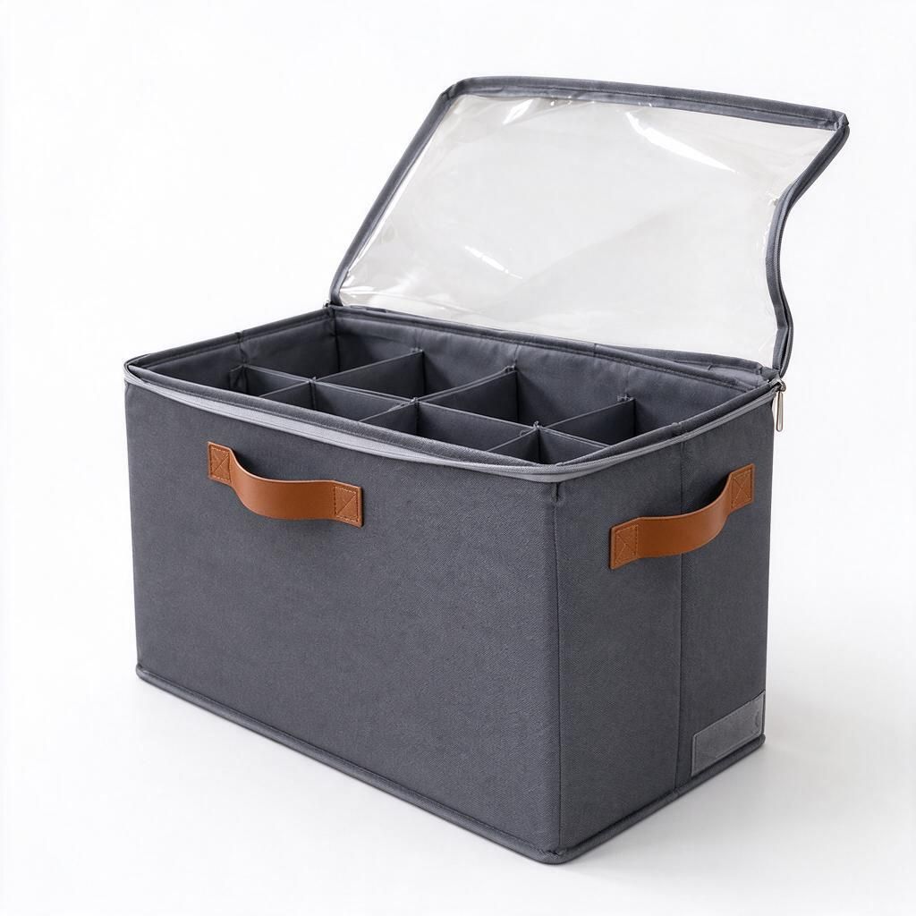 Washable Fabric Shoe Organiser 8 Grids Grey 43x22x30cm Leather-Look Handles Clear Zip Cover Closet Declutter 1pc