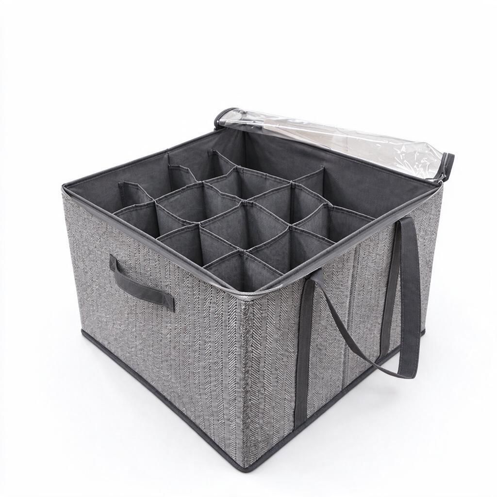 Herringbone Grey 14-Compartment Shoe Storage Bin 42x42x32cm Foldable Washable Fabric Grid Organiser Clear Zip Top 1pc Closet