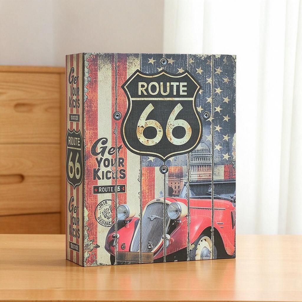 Large 26.5cm Tall Faux Novelty Book Cash Stash Box Route 66 Design 3-Digit Lock Keepsake Savings Tin Discreet Storage Halloween Gift