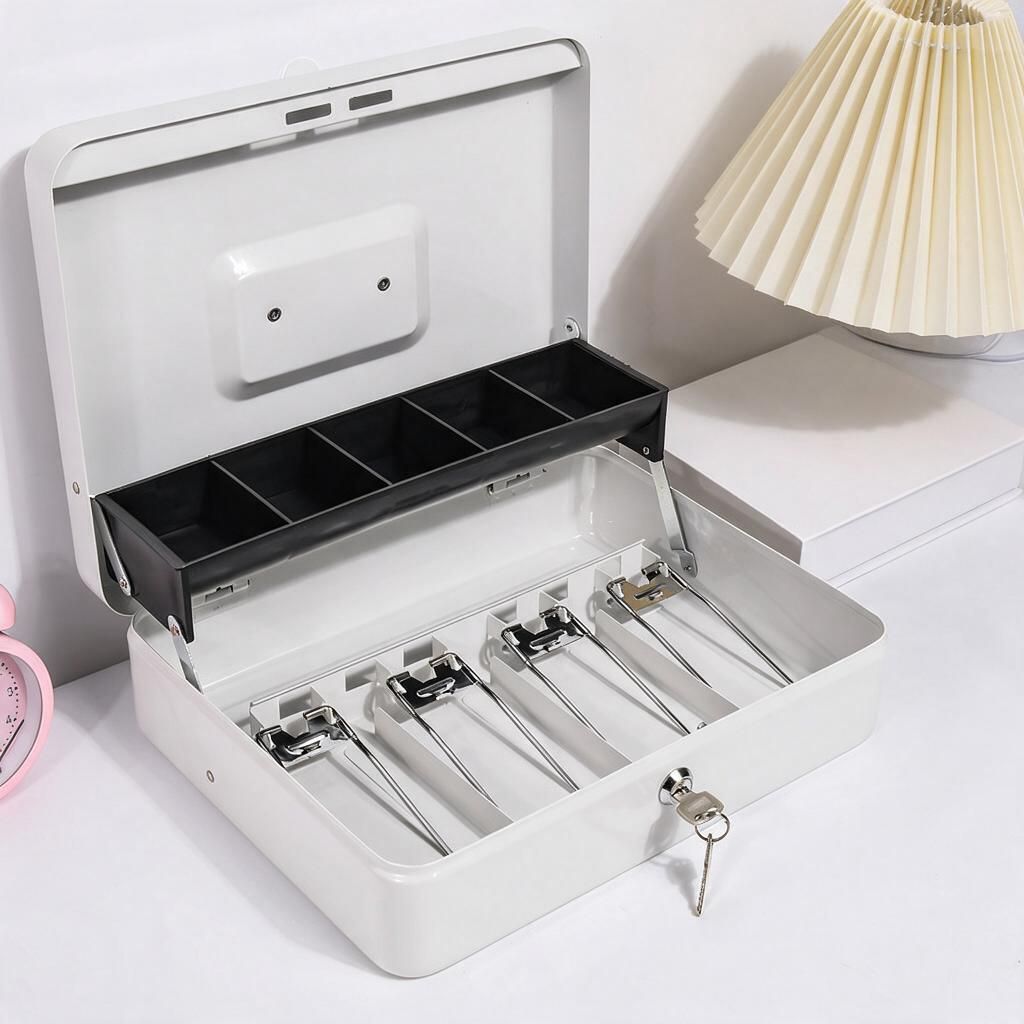 White Lockable Cash Tin 30x24x9cm Removable 5-Slot Coin Tray 2 Keys Cash Register Insert Halloween Gift 1pc