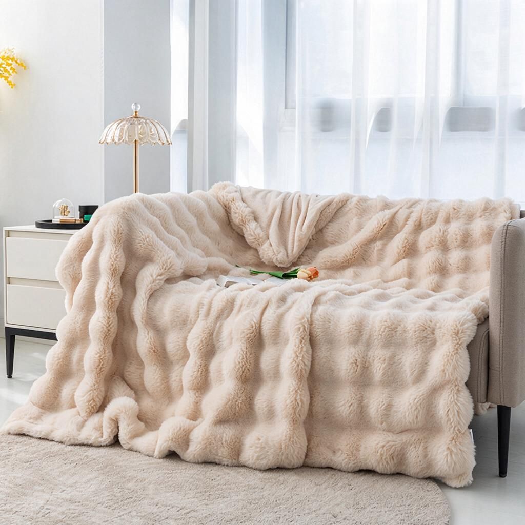 200x230cm Super King Fleece Throw Oat Beige - Bubble Quilted Faux Fur Bedspread for Spring Lounging at Home