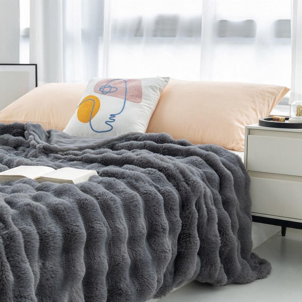 Snug Deep Grey 180x200cm Faux Rabbit Fur Throw Blanket - Fleece-Backed Oversized Bed Layer & Couch Cover for Cooler Evenings