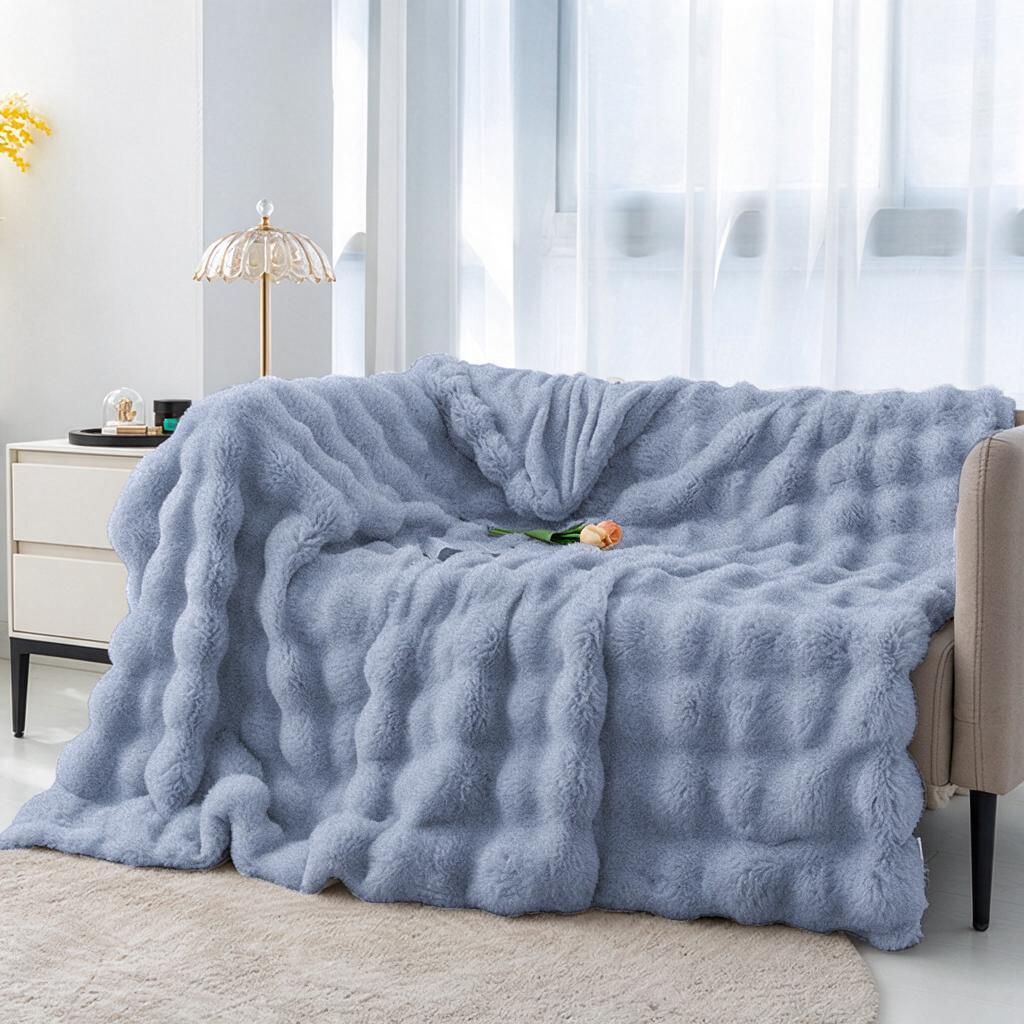 Spring Cosy Bedspread - 200x230cm Lake Blue Faux Rabbit Fur Bubble Textured Blanket, Coral Fleece Reverse, Sofa & King Bed Cover