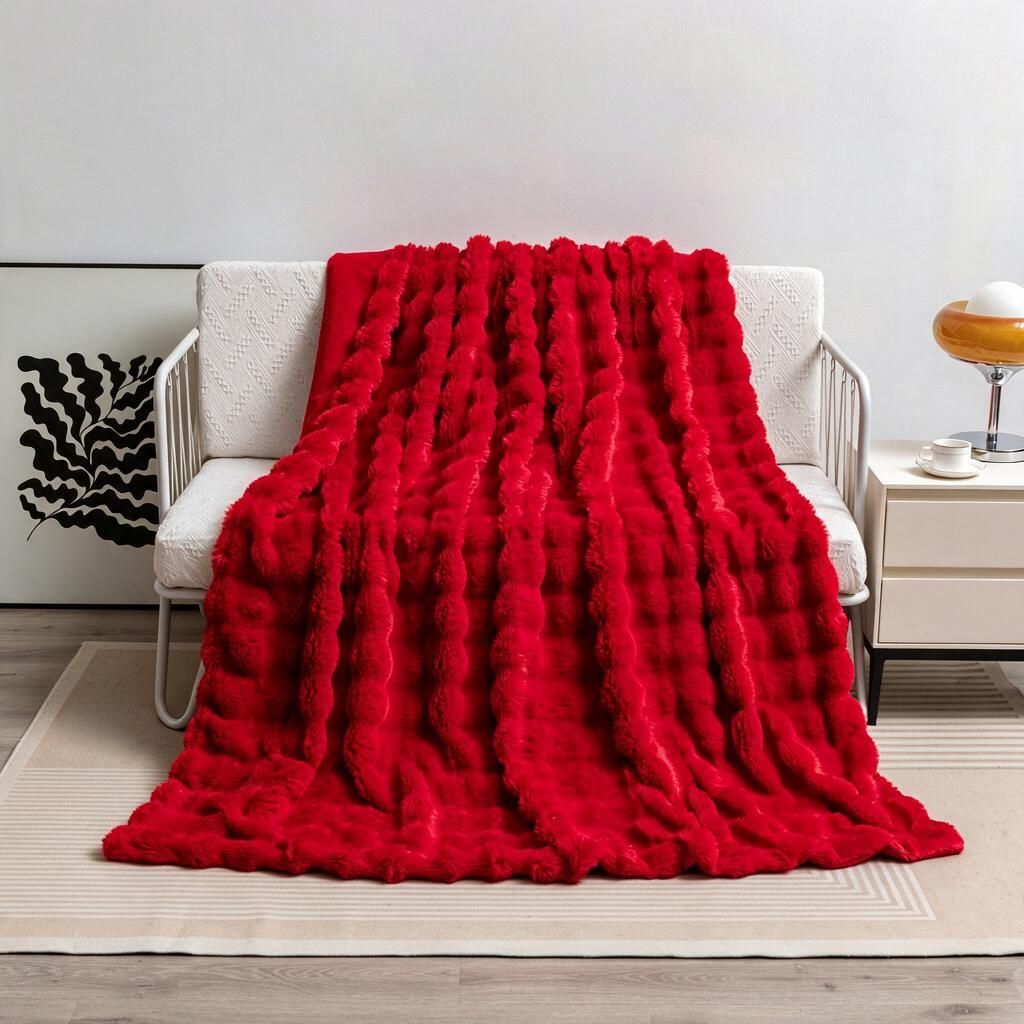 Poppy Red 200x230cm Plush Bunny Fur Coverlet - Pebble Dot Tufted Throw with Fleece Lining for Extra Large Sofa & Bed, Cosy Gift