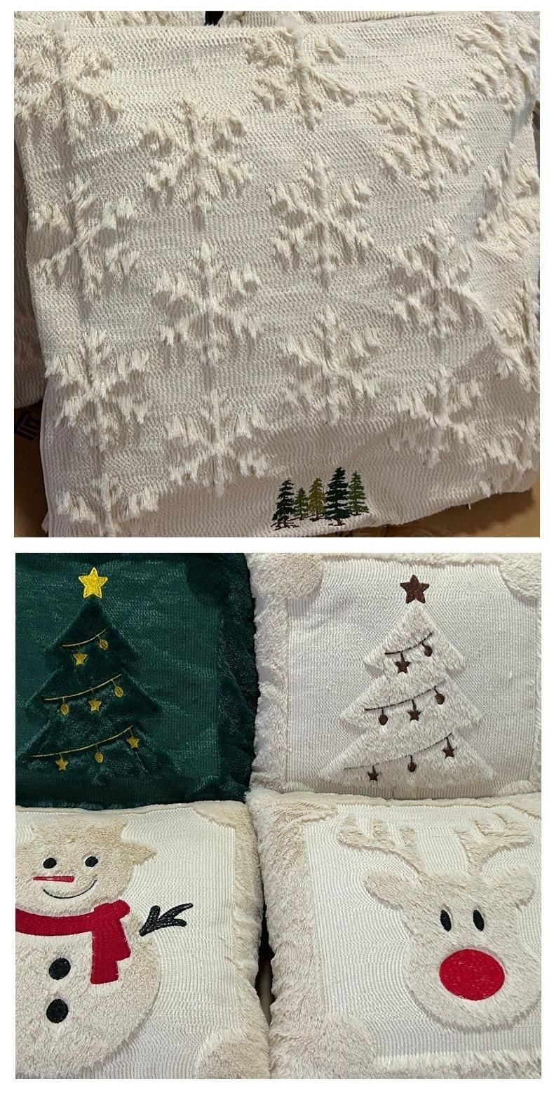 Set of 2 Christmas Cushion Covers - Snowflake & Santa Embroidery (Pillow filling not included)