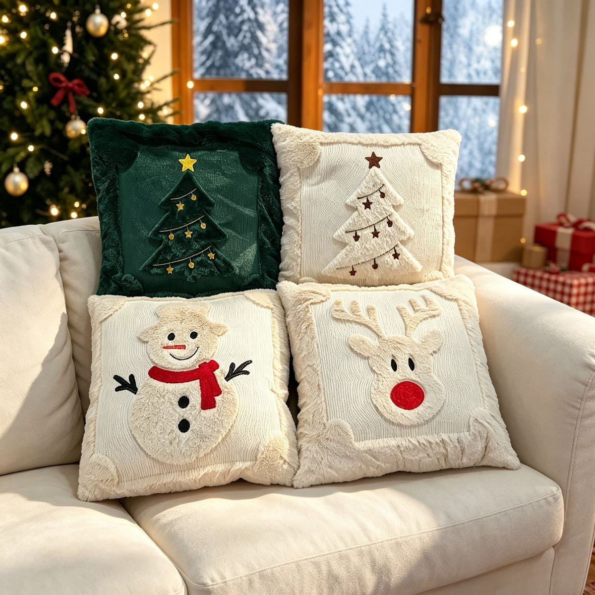 Set of 2 Christmas Cushion Covers - Off-White Snowflake (Pillow filling not included)