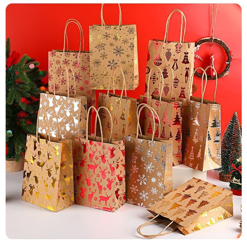 20Pcs Christmas Kraft Gift Bags, Red Gold Hot Stamping Christmas Tree, 15×8×21cm