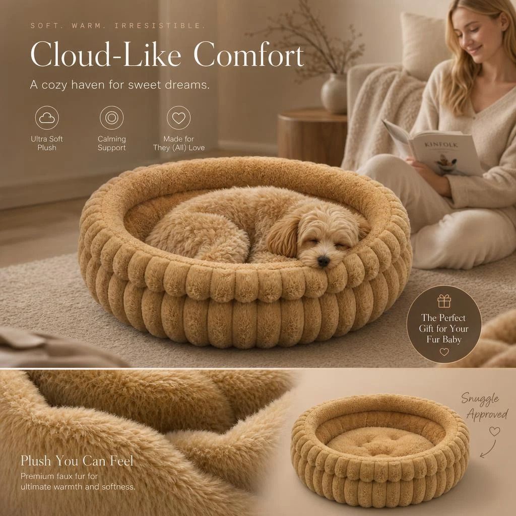 Plush Round Bed - Coffee, Size L: 60×60×15cm