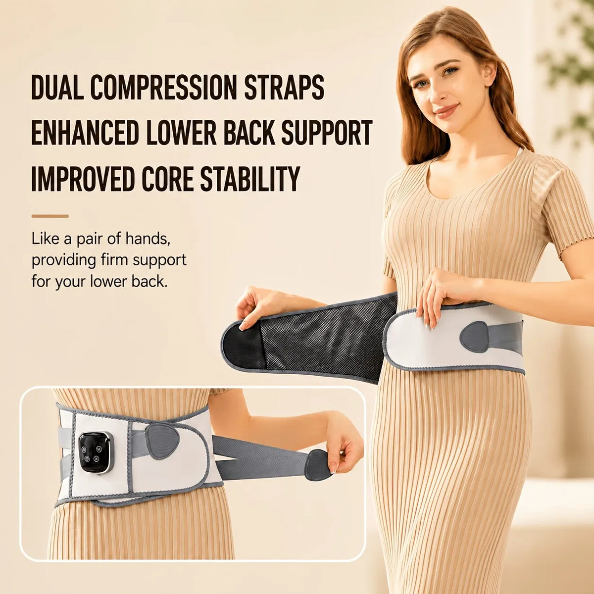 Smart Heated Massage Waist Belt: Dual Motor 9-Level Vibration + 5-Level Heat Therapy, Detachable Digital Display, Dual Compression Strap Support, Say Goodbye to Back Pain!(white)