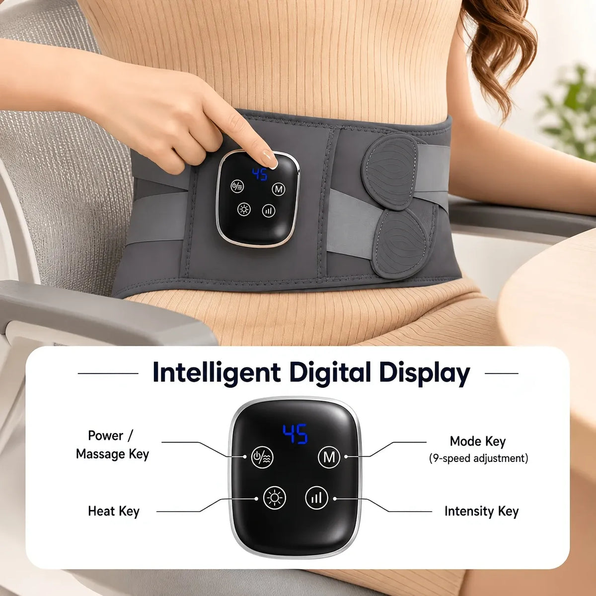 Smart Heated Massage Waist Belt: Dual Motor 9-Level Vibration + 5-Level Heat Therapy, Detachable Digital Display, Dual Compression Strap Support, Say Goodbye to Back Pain!(white)