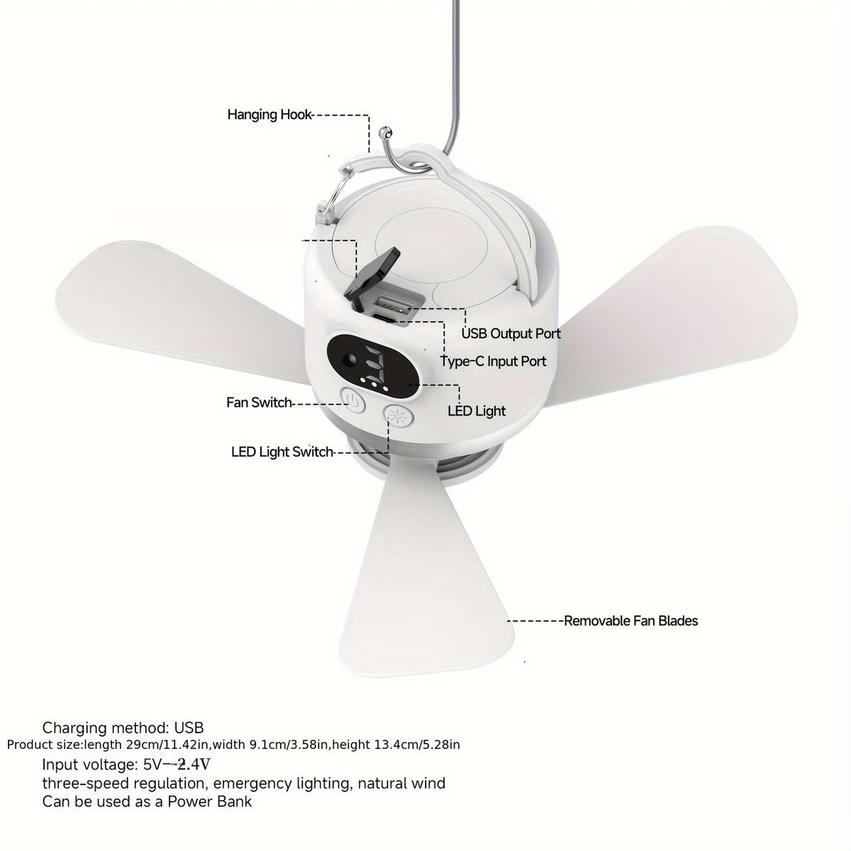 Tent Mini Ceiling Fan S50 Fan Light: 10400mAh Battery, 3-in-1 Fan/Light/Power Bank, Remote Timer, Camping Essential.*Dark green