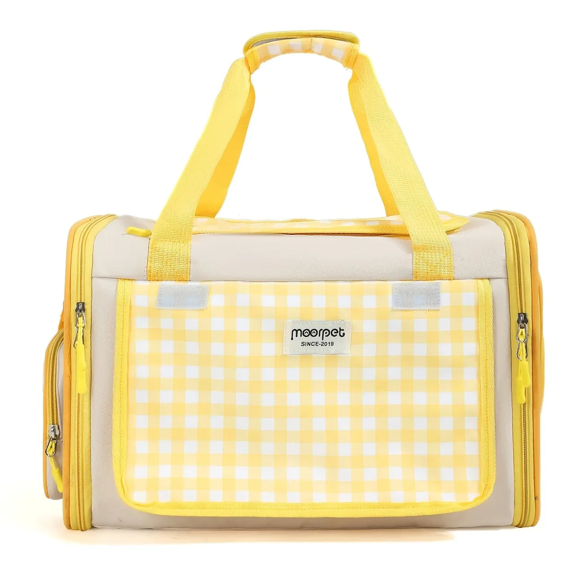 Plaid Portable Pet Carrier, Foldable Soft-Sided, 44×28×28cm, Oxford & Polyester, Mesh & Roll-Up Curtain, Luggage Strap, for 5–7kg Cats & Dogs.(yellow)