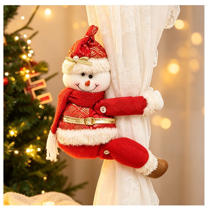 Red Gold Foil Fabric Christmas Decoration – Cute design with Velcro closure, dual-use as curtain tieback or tabletop ornament, full of festive cheer. / Snowman style