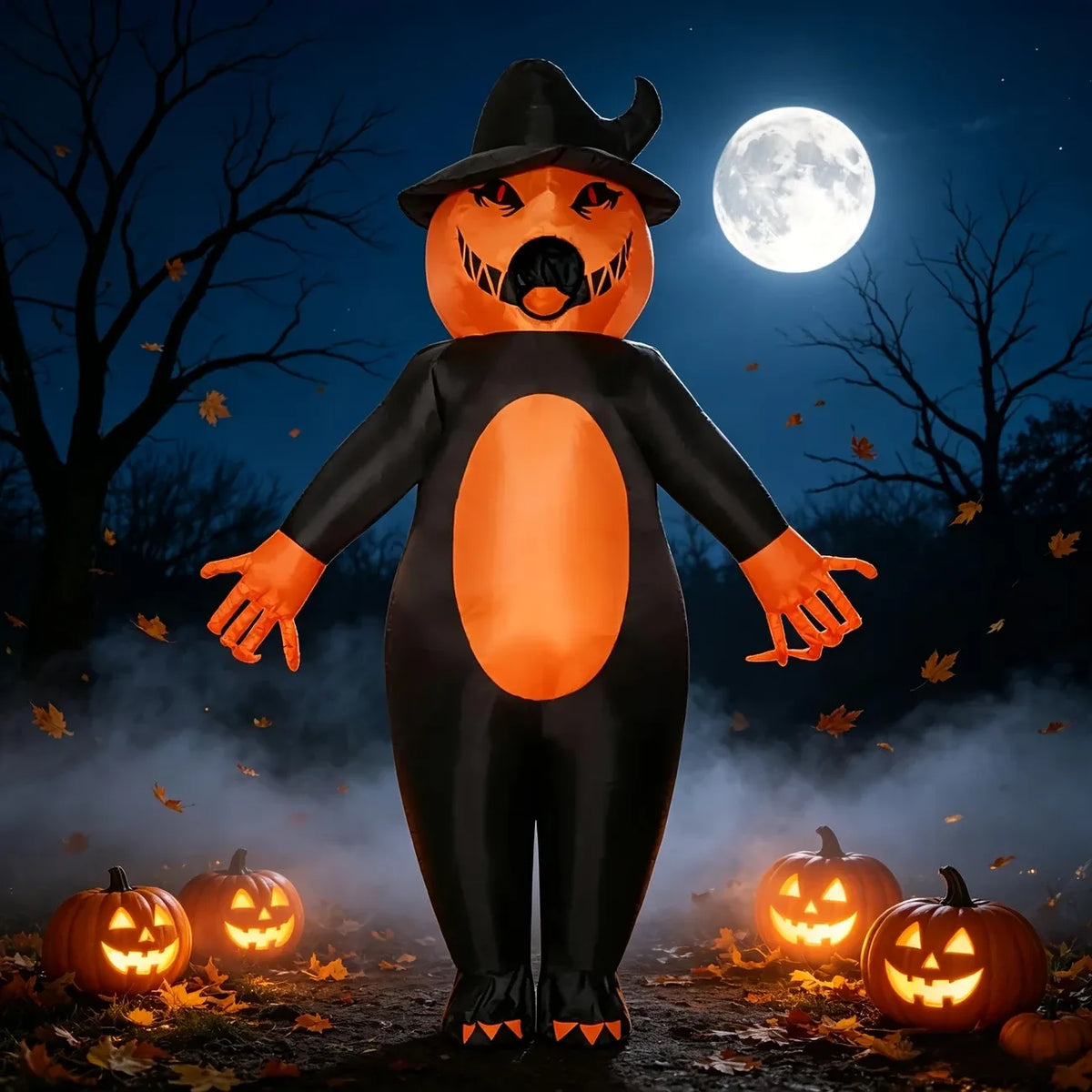 Halloween Inflatable Pumpkin Costume, Black & Orange Color-Blocking with Witch Hat, Battery/USB Dual Power, for Adults 170-190cm, Perfect for Parties, Trick-or-Treating & Photos!