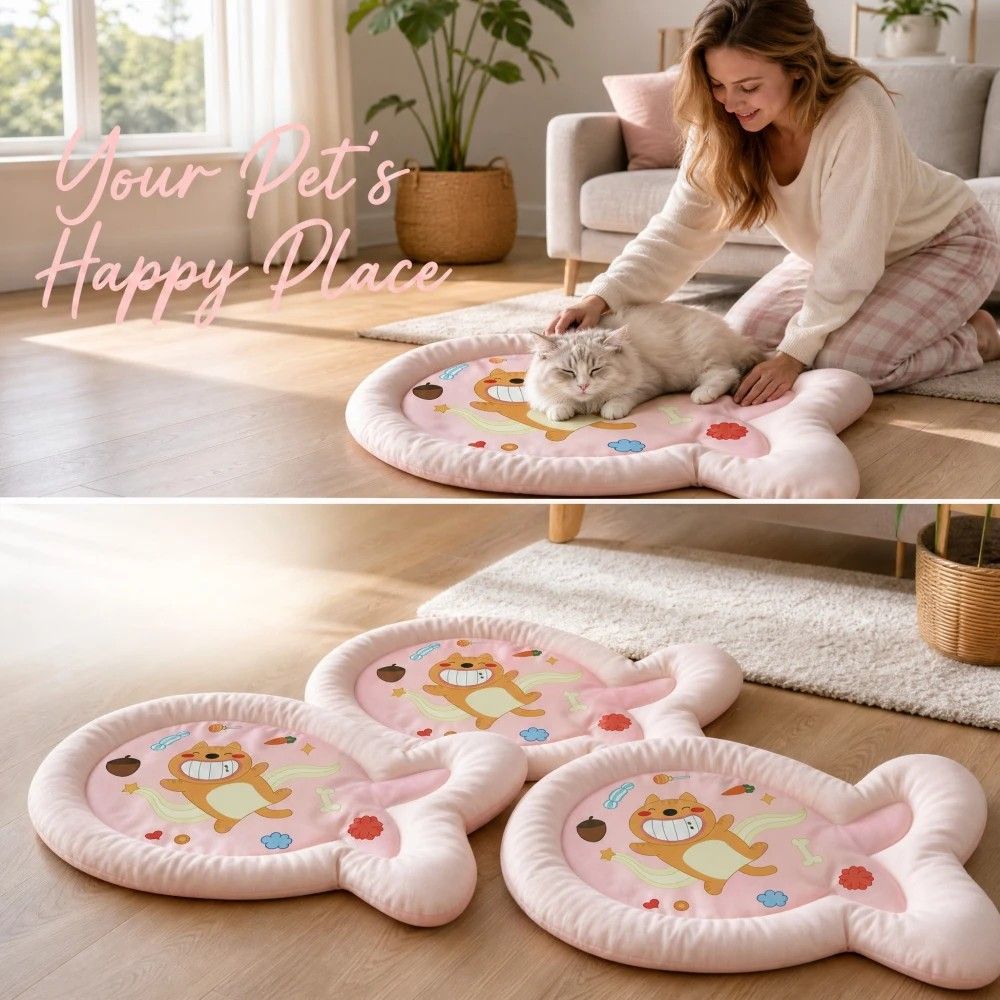 1 Pack Cute Fish-Shaped Cooling Pet Mat, Cartoon Cat Print Summer Dog Cat Bed, Breathable Non-Slip Soft Ice Cooling Pad for Small Medium Pets (Pink, Size M)