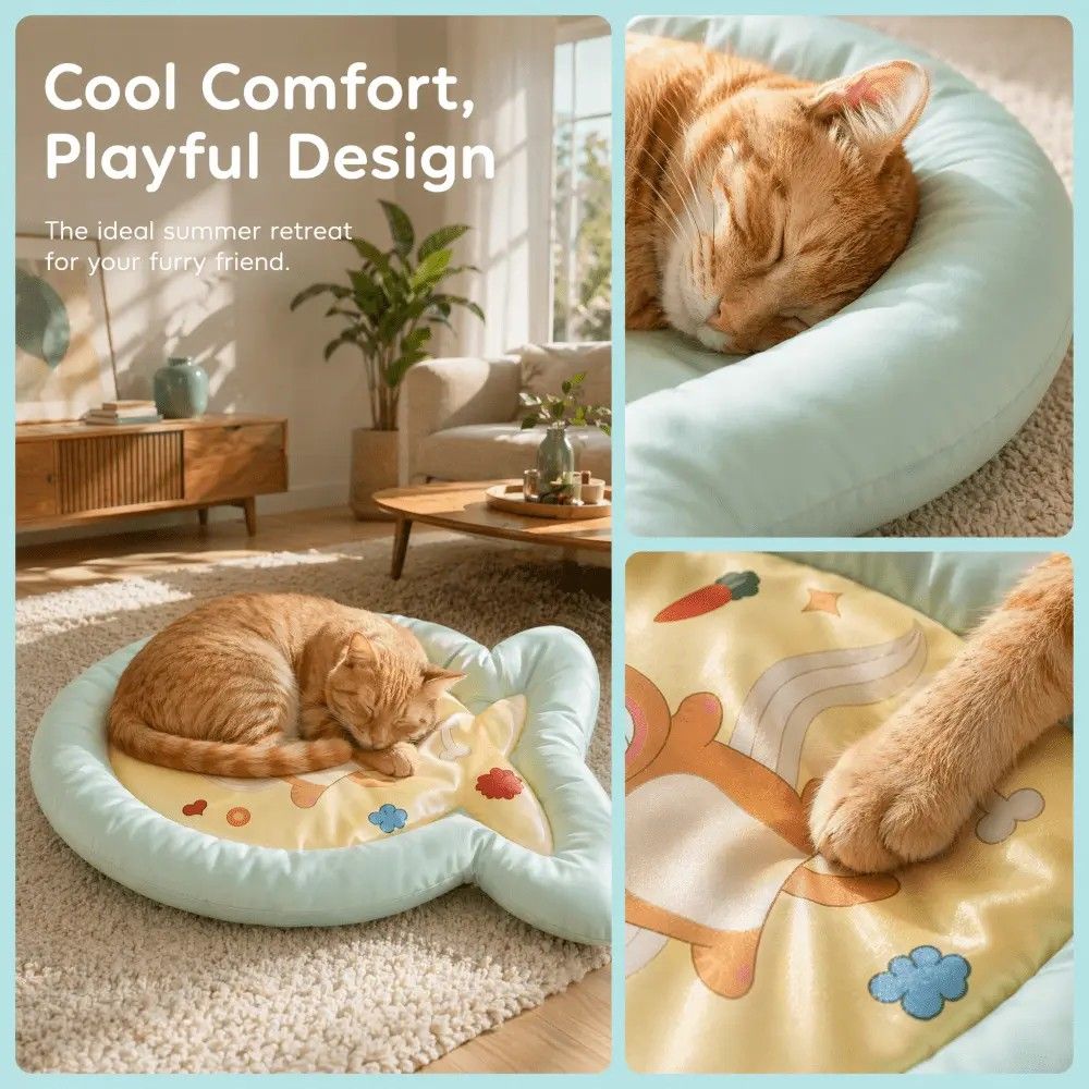 1 Pack Cute Fish-Shaped Cooling Pet Mat, Cartoon Cat Print Summer Dog Cat Bed, Breathable Non-Slip Soft Ice Cooling Pad for Small Medium Pets (Pink, Size M)