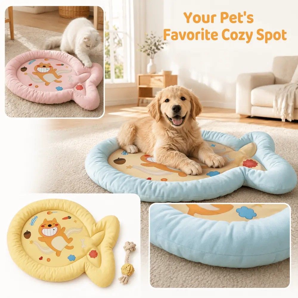 1 Pack Cute Fish-Shaped Cooling Pet Mat, Cartoon Cat Print Summer Dog Cat Bed, Breathable Non-Slip Soft Ice Cooling Pad for Small Medium Pets (Pink, Size M)