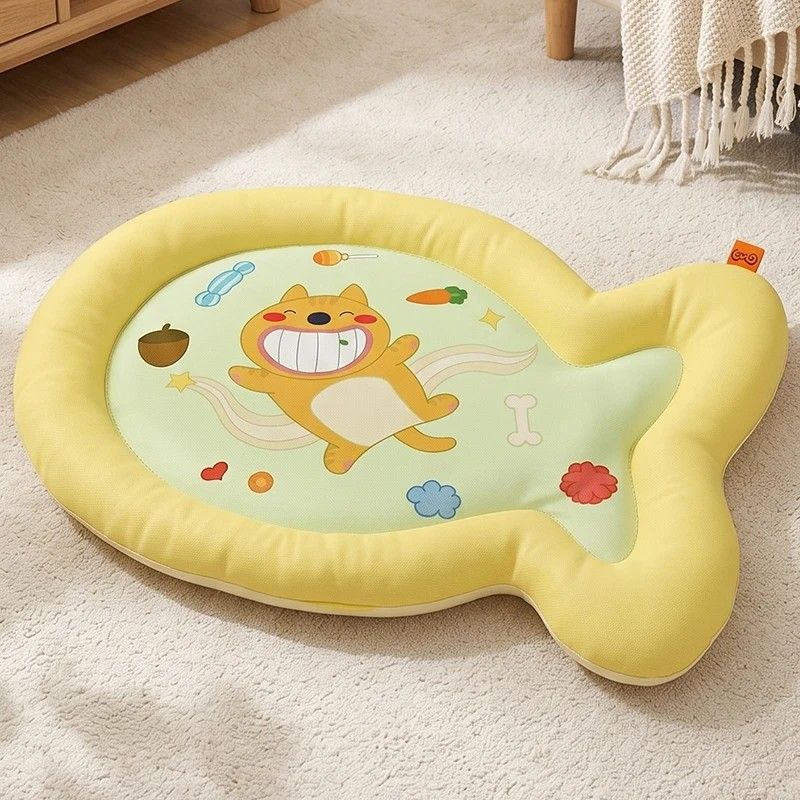 1 Pack Cute Fish-Shaped Cooling Pet Mat, Cartoon Cat Print Summer Dog Cat Bed, Breathable Non-Slip Soft Ice Cooling Pad for Small Medium Pets (Pink, Size M)