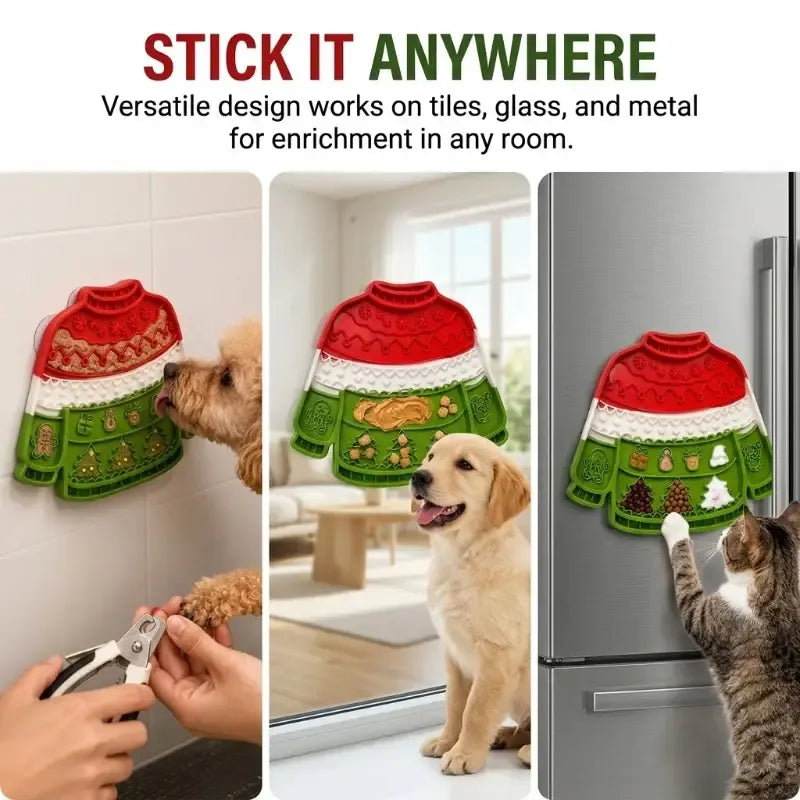 Christmas Sweater Pet Slow Feeder Lick Mat Strong Suction Cups Non-Slip Food Grade Silicone Calming Easy Clean for All Dogs Cats