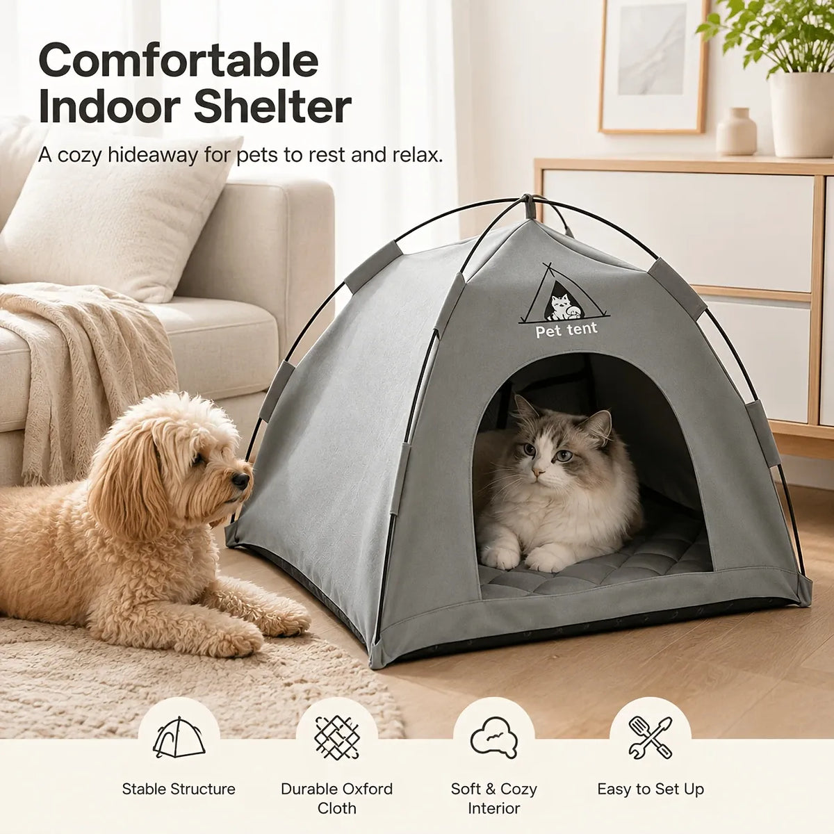 【Portable Foldable Pet Tent】Made of wear-resistant & water-resistant Oxford cloth with thickened quilted mat and sturdy frame. Ideal for indoor & outdoor use, a cozy private den for cats and small dogs.(grey.L)